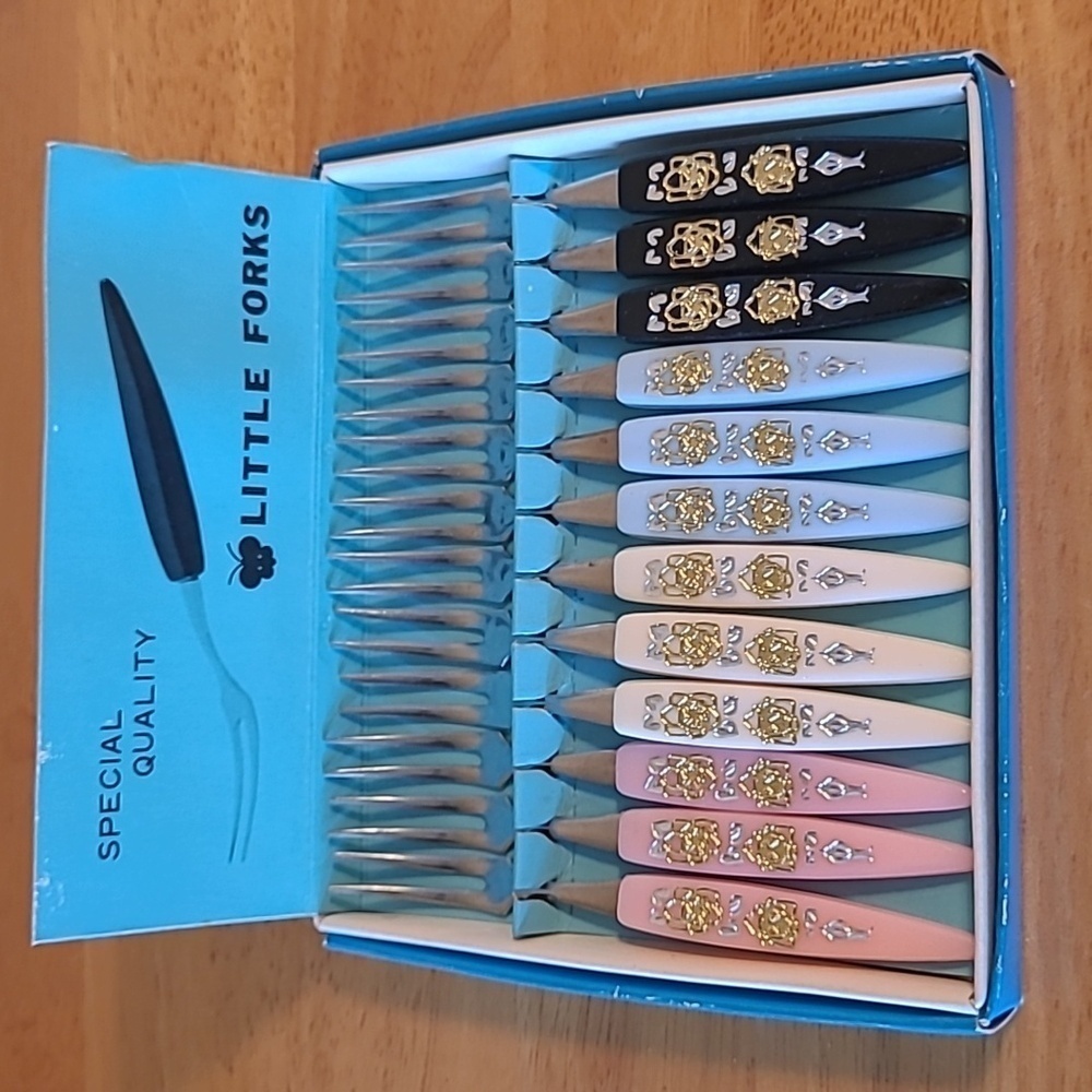 LITTLE FORKS Vintage Mid Century Floral Cocktail Forks, Set of 12, Original Box